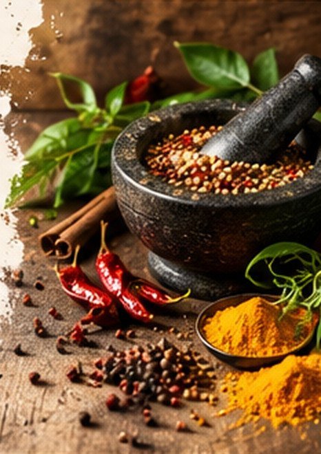 Stone mortar with whole spices, red chillies and turmeric